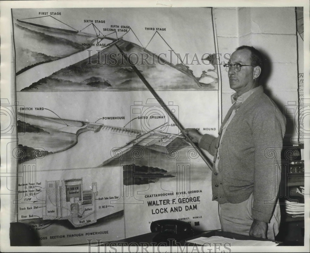 1963 Press Photo Jack Abbott, Resident Engineer, Walter F. George Dam, Alabama - Historic Images