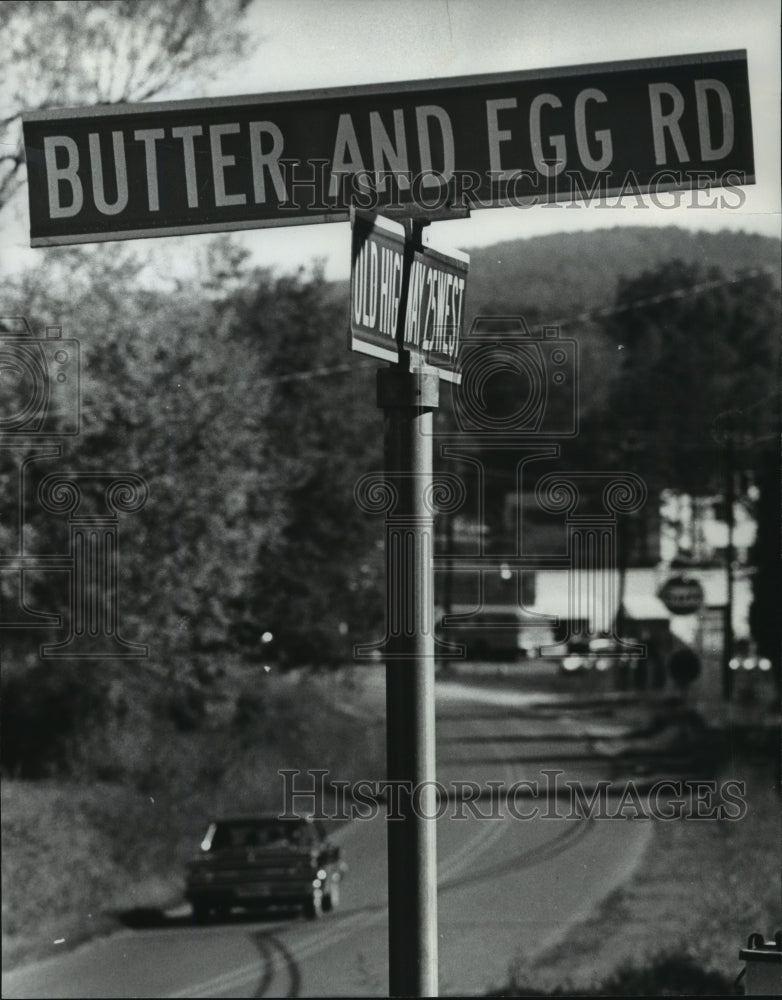 1980 Alabama-Road sign in Columbiana that reads: BUTTER AND EGG RD.-Historic Images