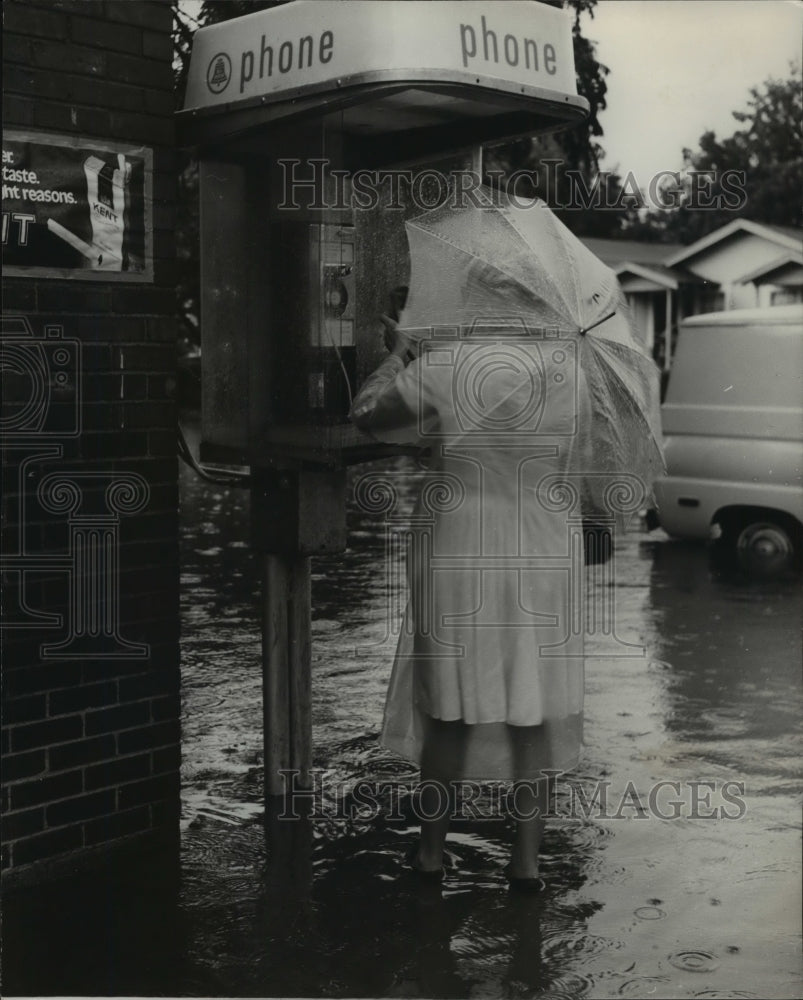 1972, Woman Stranded in Flood Phones Husband, Birmingham, Alabama - Historic Images