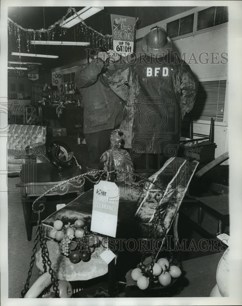 1970, Alabama-Birmingham firemen inside Lawrence Furniture store. - Historic Images