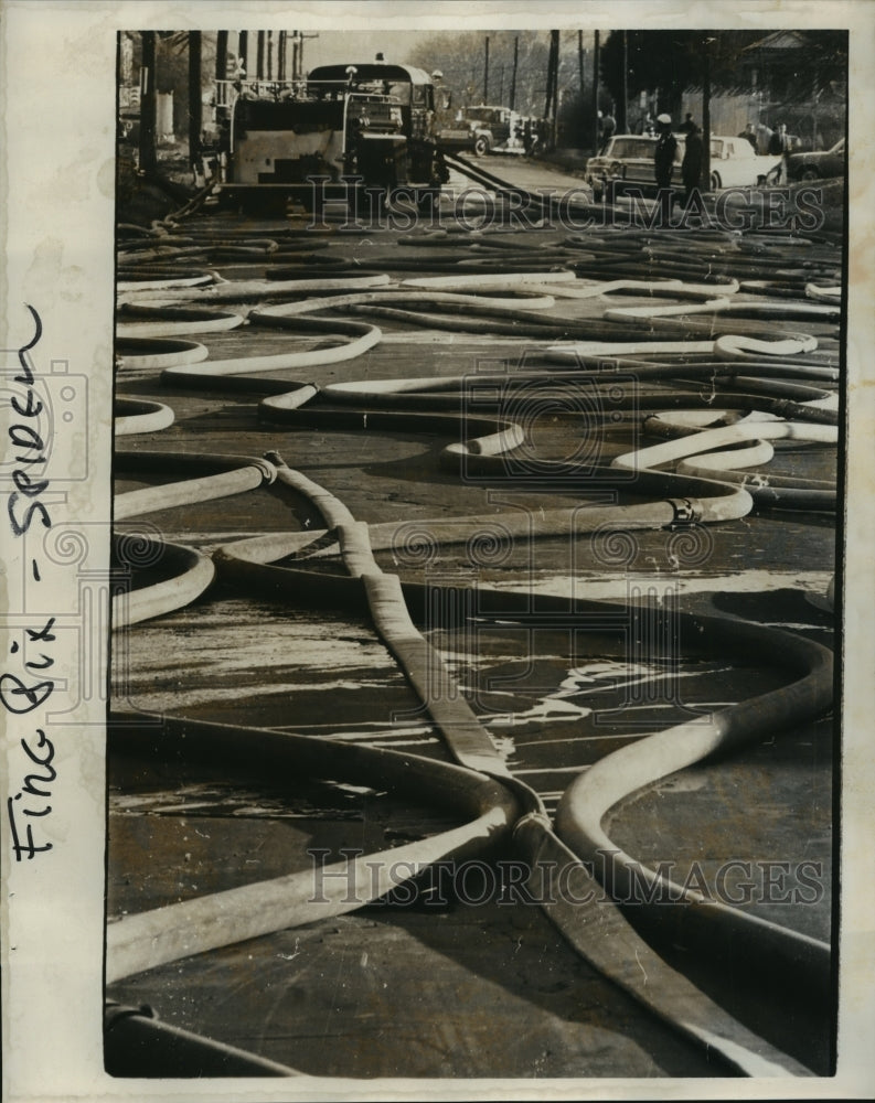 1966 Press Photo Fire Hoses at Grayson&#39;s Lumber Company Fire, Birmingham - Historic Images