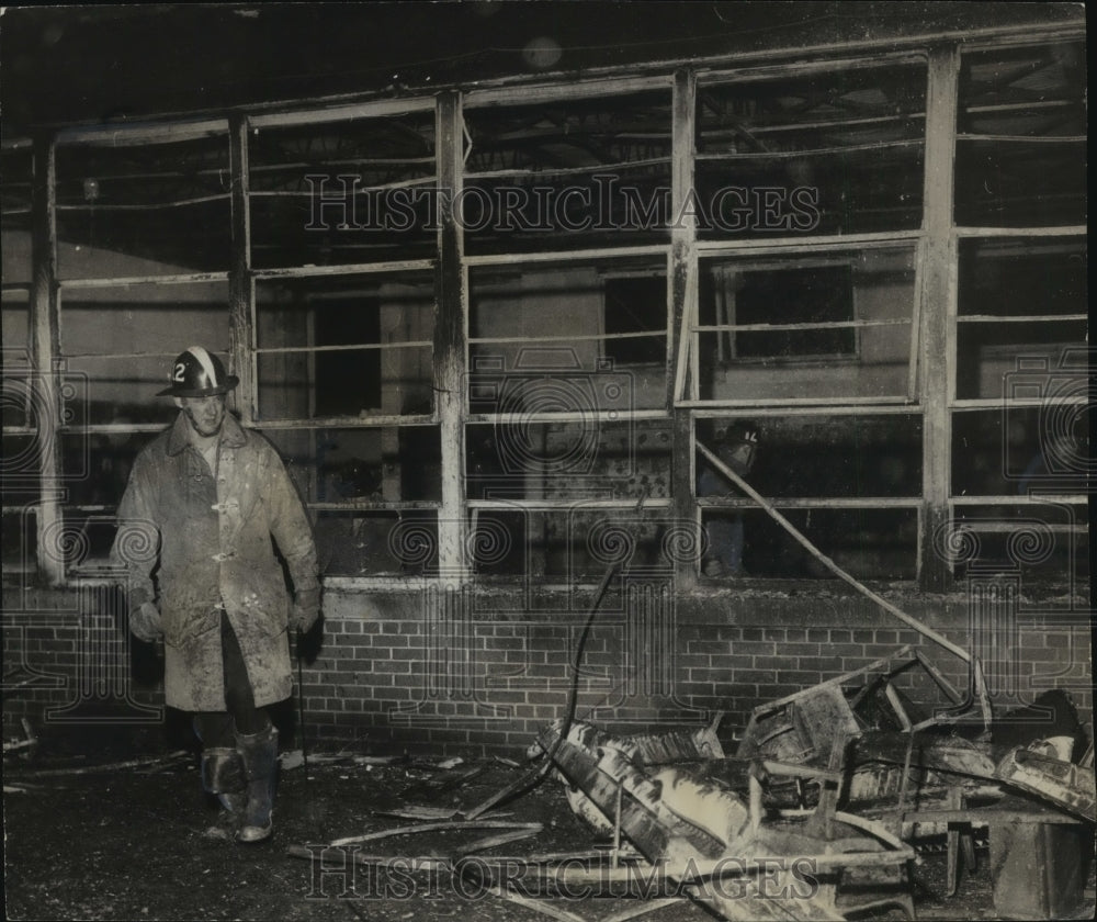 1970, Firemen Checks Fire Debris, Bryant Elementary School, Alabama - Historic Images