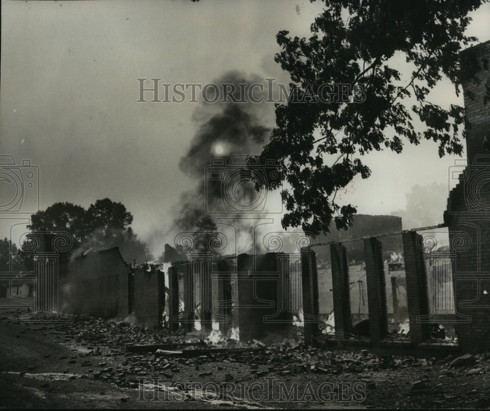 1972, Alabama-Charred bricks at Sumiton Elementary School fire. - Historic Images