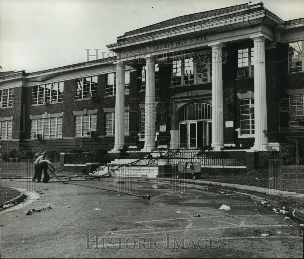 1972, Alabama-Main building &quot;remains&quot; after Gadsden High School fire. - Historic Images