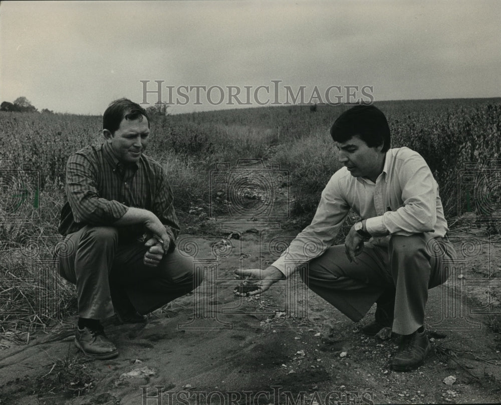 1983 Press Photo Alabama-Bragg and Cockrell check erosion in soybean field. - Historic Images