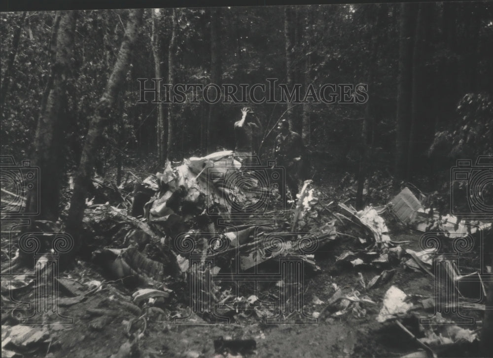 1984 Press Photo Searchers Stand Beside Shattered Airplane Remains in Alabama - Historic Images