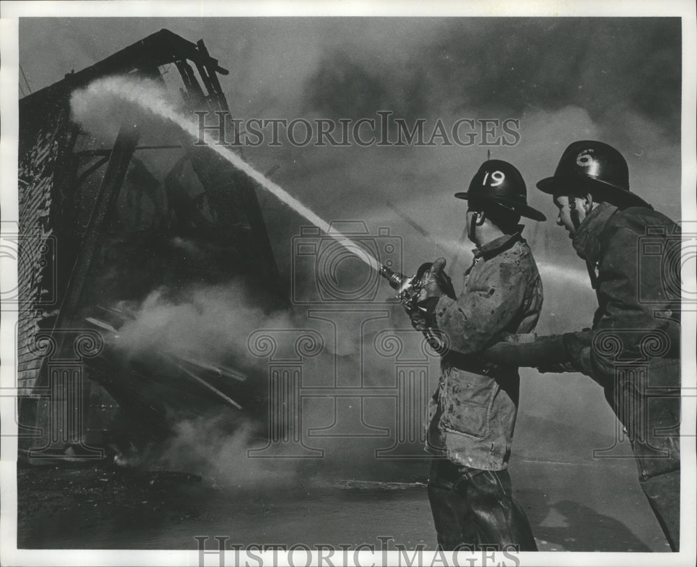 1966 Firemen Aim Hoses at Fire at Grayson Lumber Company, Birmingham-Historic Images