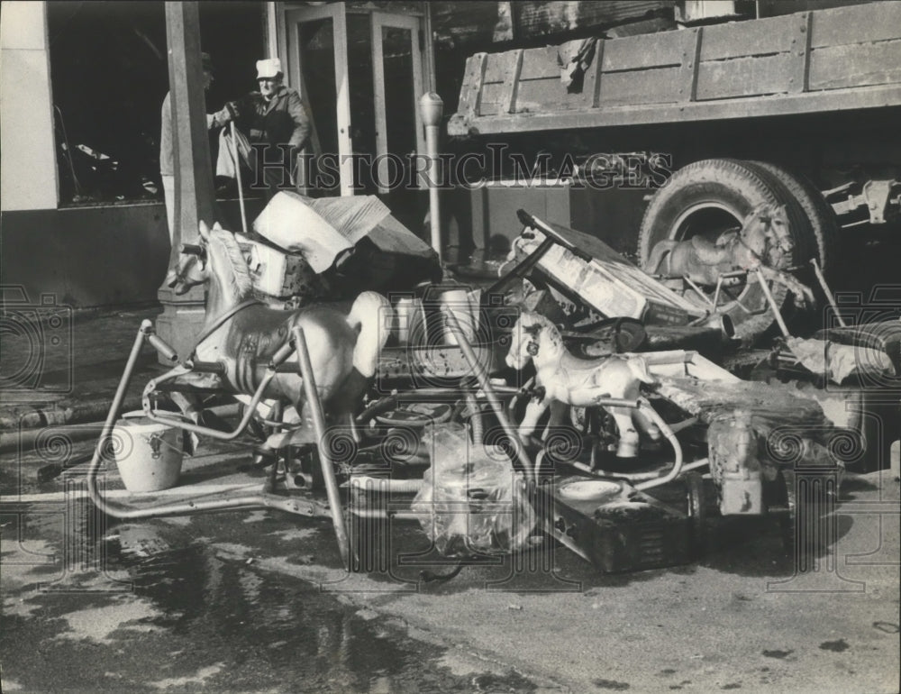 1964, Men Discuss Fire and Damaged Christmas Toys, Ft. Payne, Alabama - Historic Images