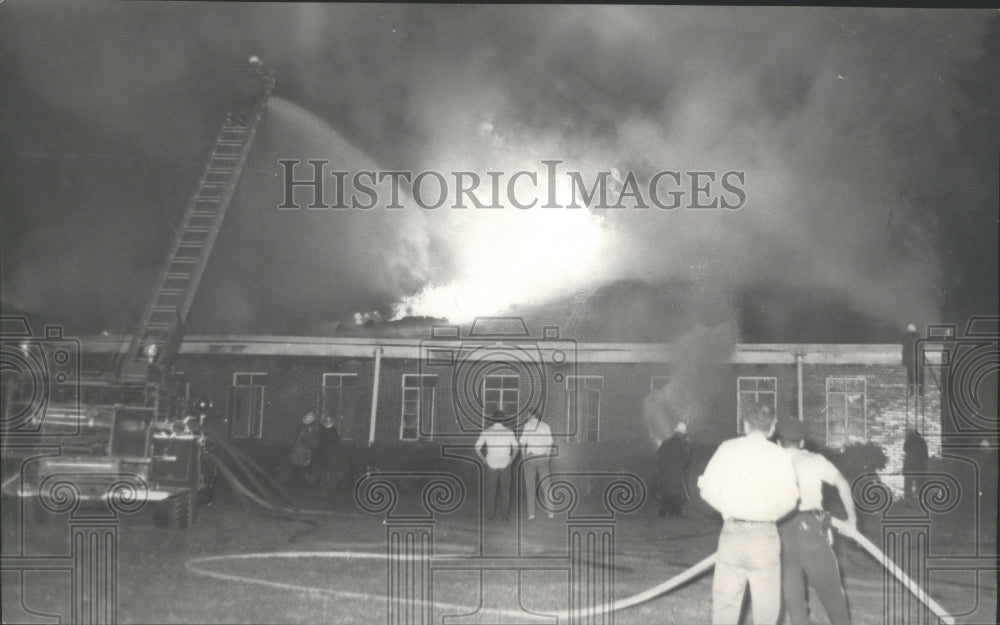 1969 Press Photo Firemen Fight Blaze at Talladega Church Building, Alabama - Historic Images