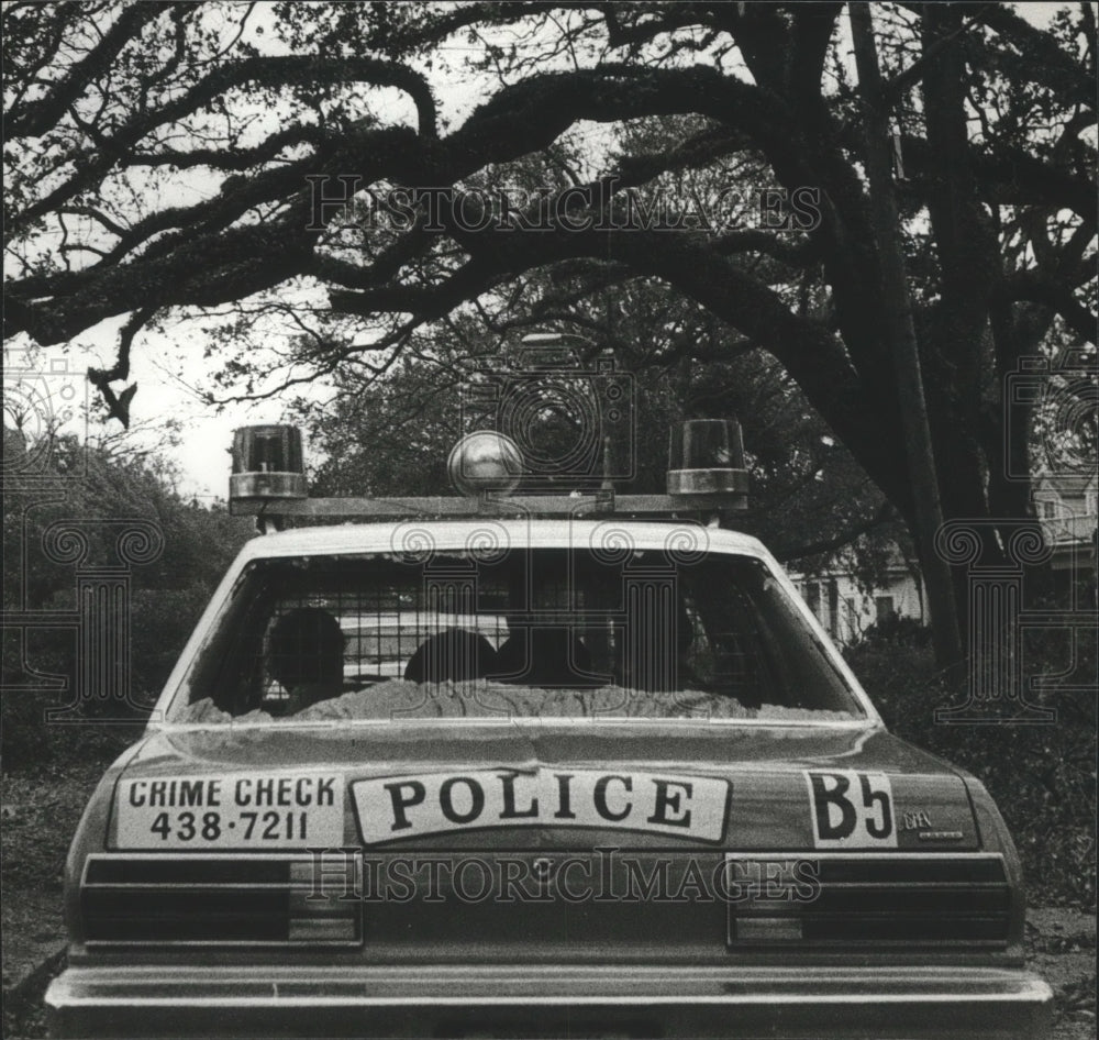 1979 Press Photo Hurricane Frederic knocks out rear window of police car - Historic Images