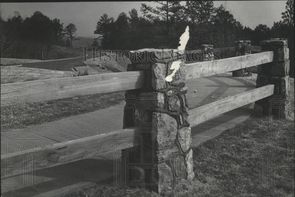 1948 Press Photo Rustic wood and rock fence on Talladega Scenic Trail, Alabama - Historic Images