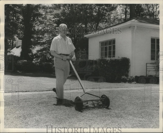 1960 Author Hudson Strode mowing his lawn-Historic Images