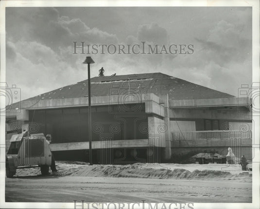 1973 roof contractors on motel convention center in Gulf Shores, AL-Historic Images