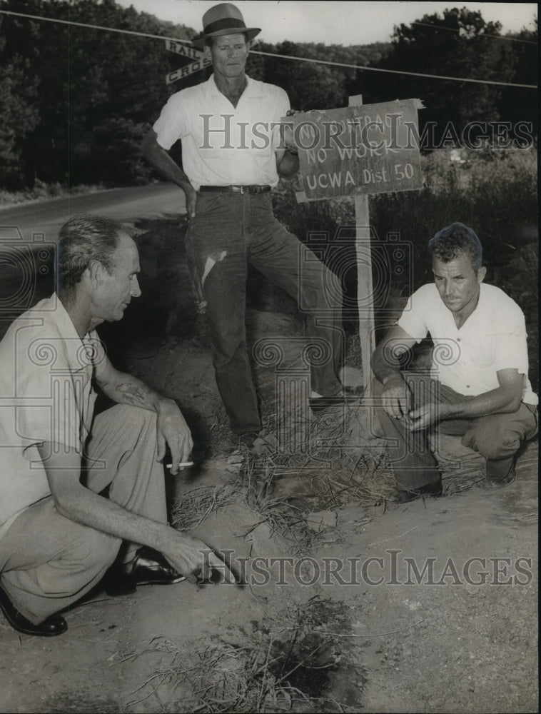 1957, Strikers at scene where Harrison fell, Guntersville, Alabama - Historic Images