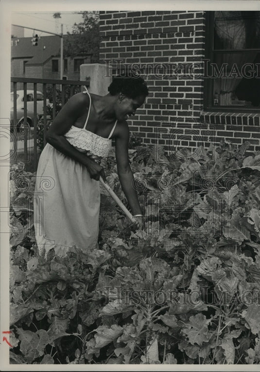 1985, Mildred Woods tending neighbor's garden, Alabama - abna13438 - Historic Images