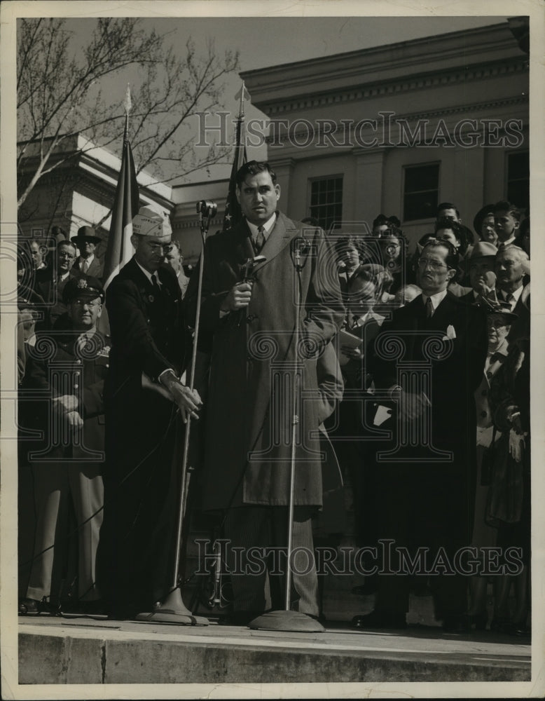 Press Photo James E. Folsom speaking at the French Gratitude Train, Alabama - Historic Images