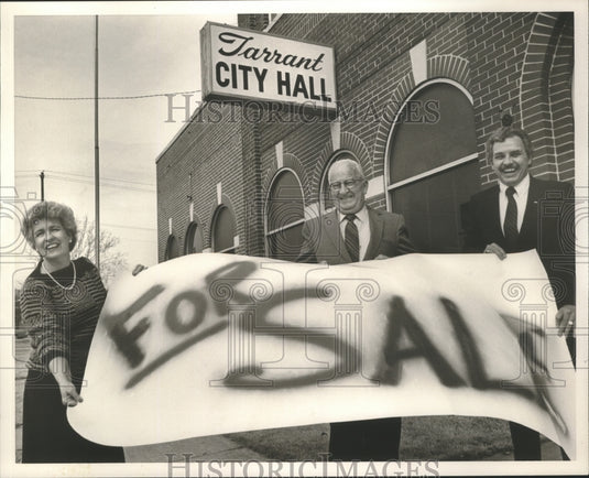 1986, Tarrant council members holding "For Sale" sign at City Hall - Historic Images