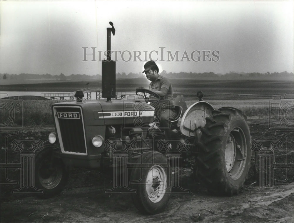 Press Photo Nelson Stewart plowing strawberry fields Triana, Alabama - Historic Images