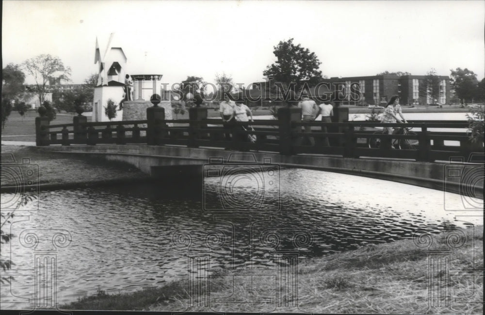 1977 A Japanese bridge over lagoon in Big Spring International Park - Historic Images