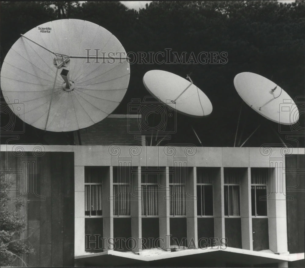 1981, Three satellite receiving dishes at Mountain Brook Cable - Historic Images