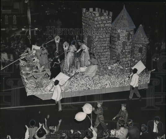 1954, Castle of Hephastus float in Mardi Gras parade, Mobile, Alabama - Historic Images