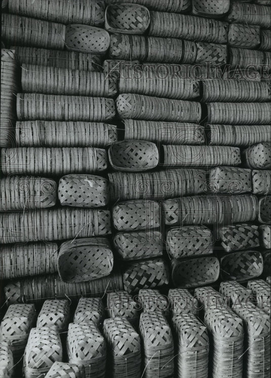 1978, Basket Factory walls and floor lined with baskets, Nectar - Historic Images