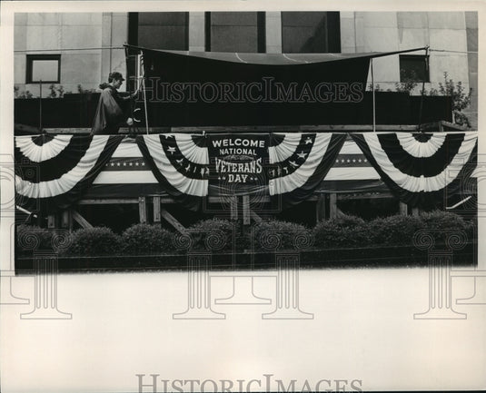 1986, Rain Covering Over Stand Used for Veteran's Day Celebration - Historic Images