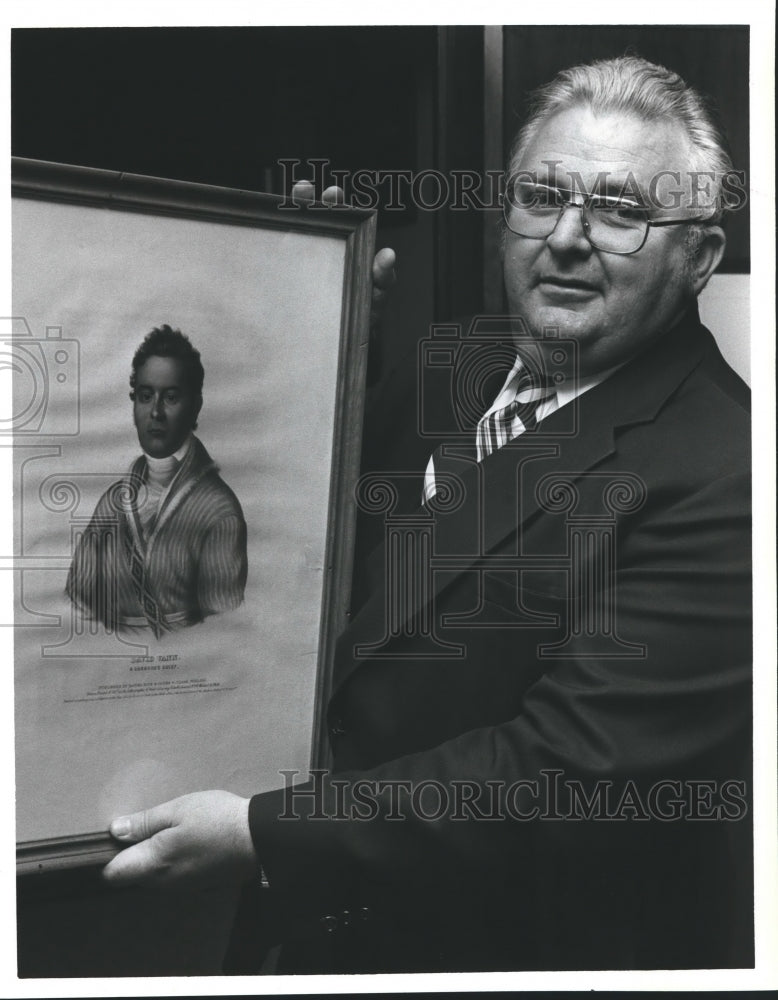 1980, David Vann holds portrait of &quot;Daivid Vann, A Cherokee Chief&quot; - Historic Images