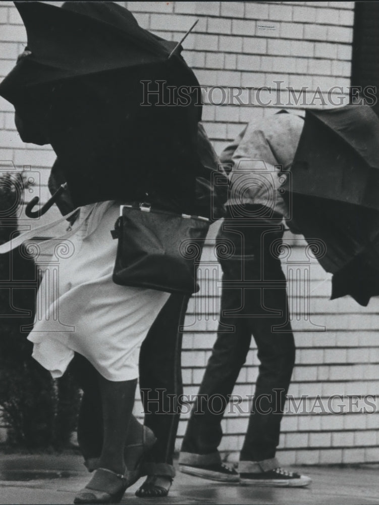 1980 Press Photo High Winds in Storm Make Umbrella Use Tricky, Alabama - Historic Images