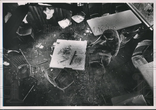 1989 Kenneth George cleans broken Window Glass at Baby Doe's Place - Historic Images