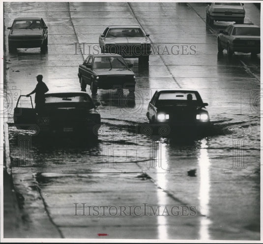 1988, Drivers in Flooded Railroad Underpass on 6th Avenue in Alabama - Historic Images