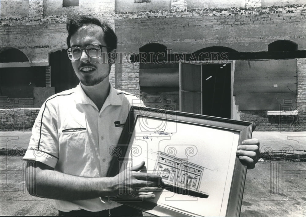 1982 Greg Thomas Shows Sketch of Restored Mercantile Store-Historic Images