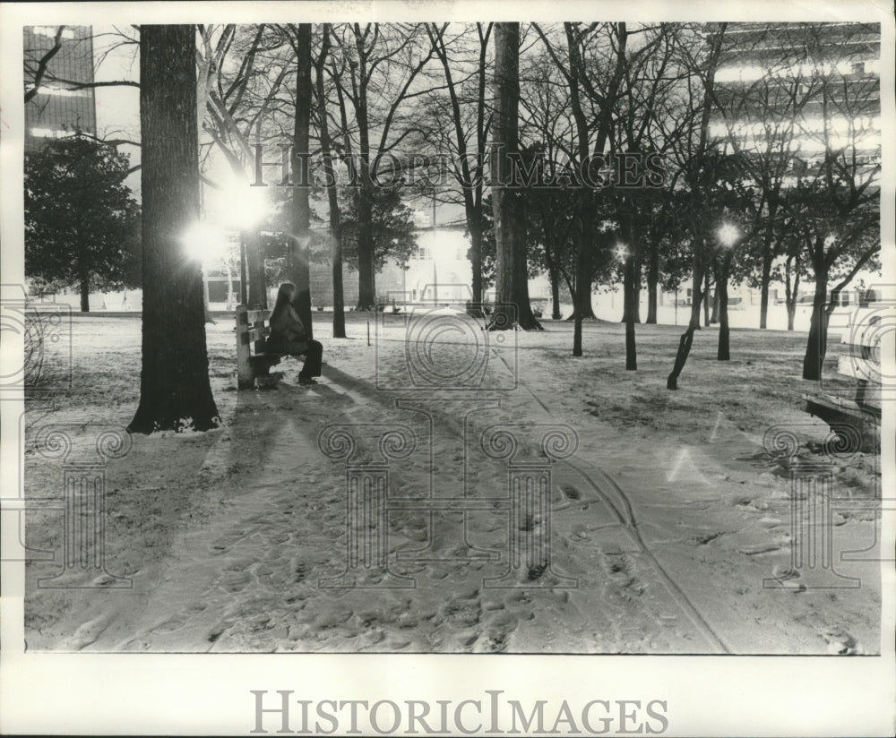 1977, Unidentified person sitting on bench in snowy park, Alabama - Historic Images