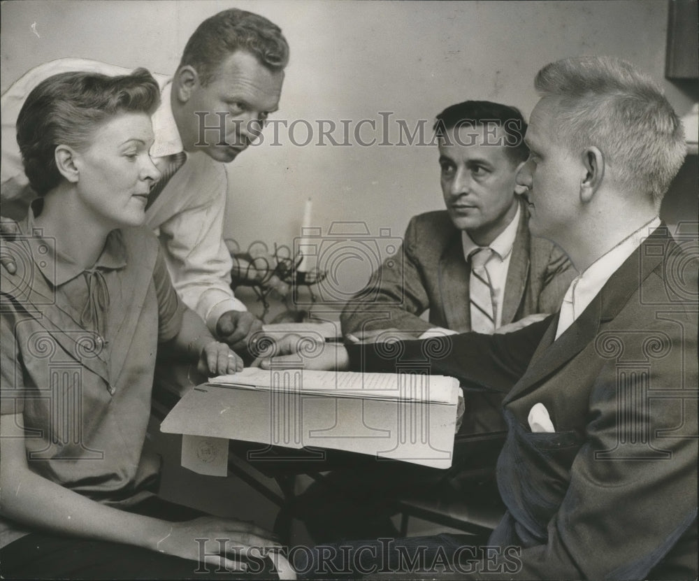 1958, Kathryn Anderson speaks with lawyers in Atlanta - abna18007 - Historic Images