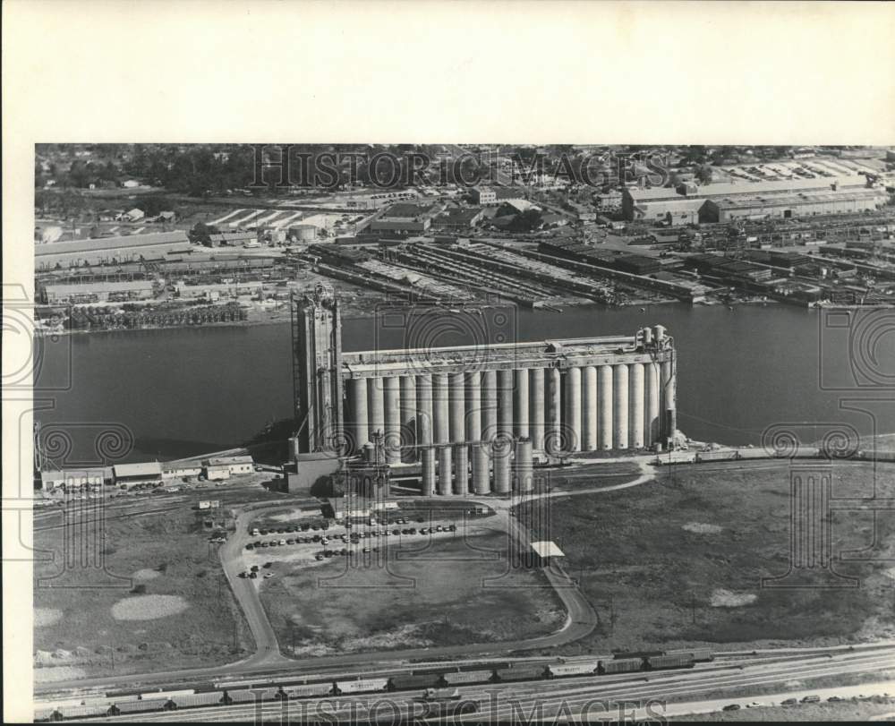 Press Photo Grain elevator on waterfront, aerial view - abna18539 - Historic Images