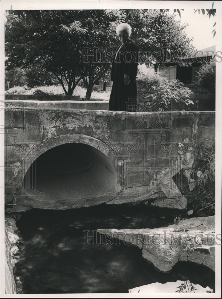 1988, Corine Pendleton by ditch in front of her home, Bessemer - Historic Images