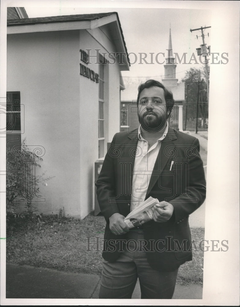 1985, Steve Wilson stands in front of Greene County Democrat - Historic Images