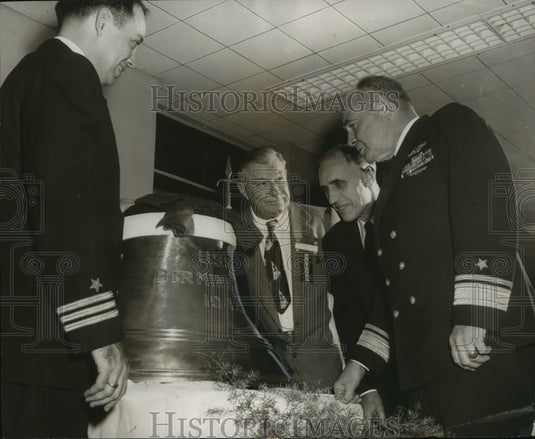1954 Press Photo Mayor James W. Morgan with Others at Ship's Bell Ceremony-Historic Images