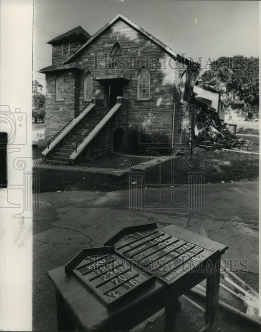 1982, First Baptist Church of East Lake damaged from fire, Birmingham - Historic Images