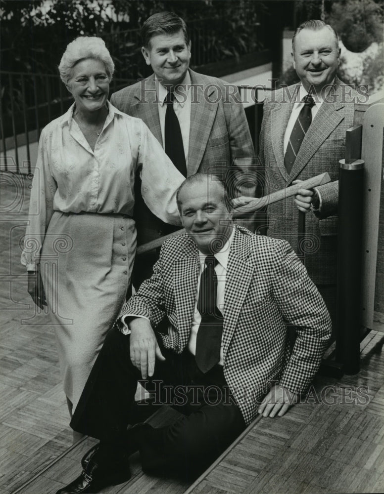 1979, Century&#39;s Department store managers pose next to staircase - Historic Images