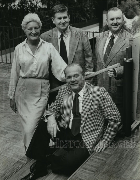 1979, Century's Department store managers pose next to staircase - Historic Images