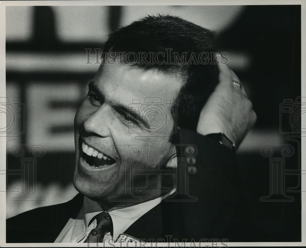 1990, Politician Roger Bedford Laughs at Joke - abna21535 - Historic Images