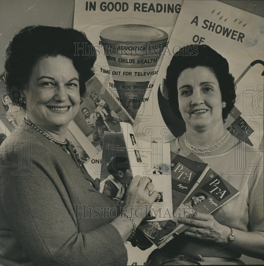 1964, Mrs. John Bruce and Mrs. Walter Allen at PTA News Stand - Historic Images