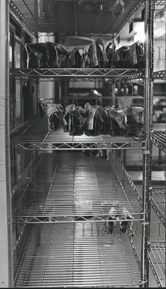 1979, Mostly empty shelves at Birmingham Red Cross blood bank - Historic Images