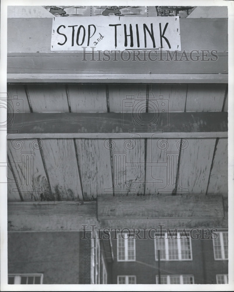 Press Photo &quot;Stop and Think&quot; sign on wall of a Birmingham school - abna22031 - Historic Images