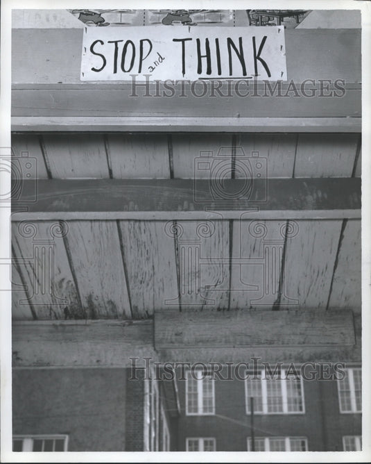 Press Photo "Stop and Think" sign on wall of a Birmingham school - abna22031 - Historic Images