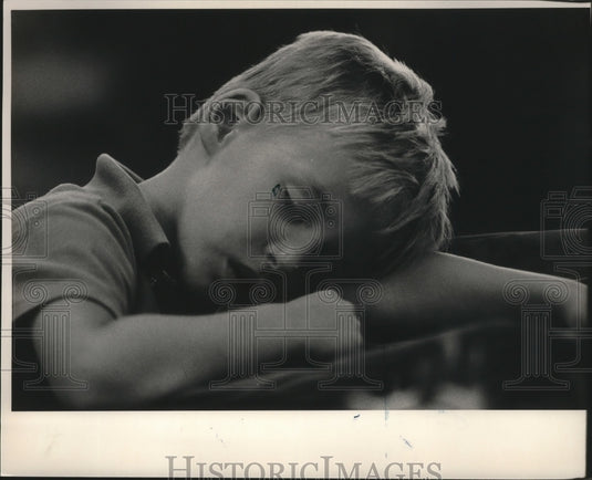 1987, Mathew McBride worn out during first day of school, Birmingham - Historic Images