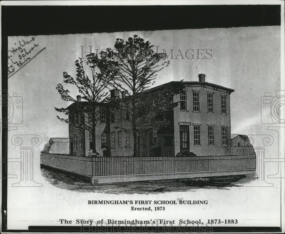 1971 Sketch of Birmingham's first school building erected in 1873 - Historic Images