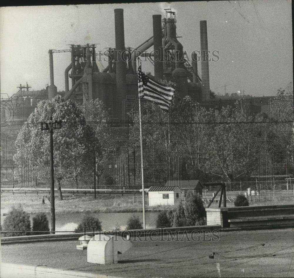 1971, American flag in front of U. S. Steel Ensley Works, Birmingham - Historic Images