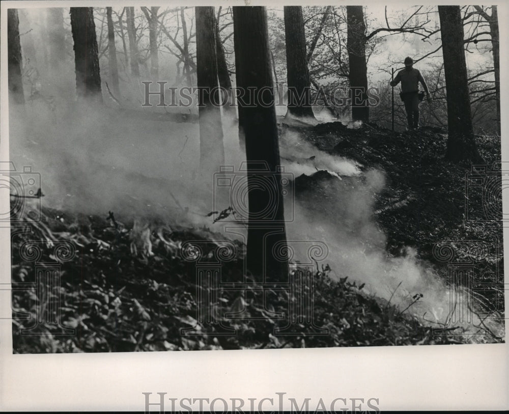 1987 Person walks through forest fire in Alabama - Historic Images